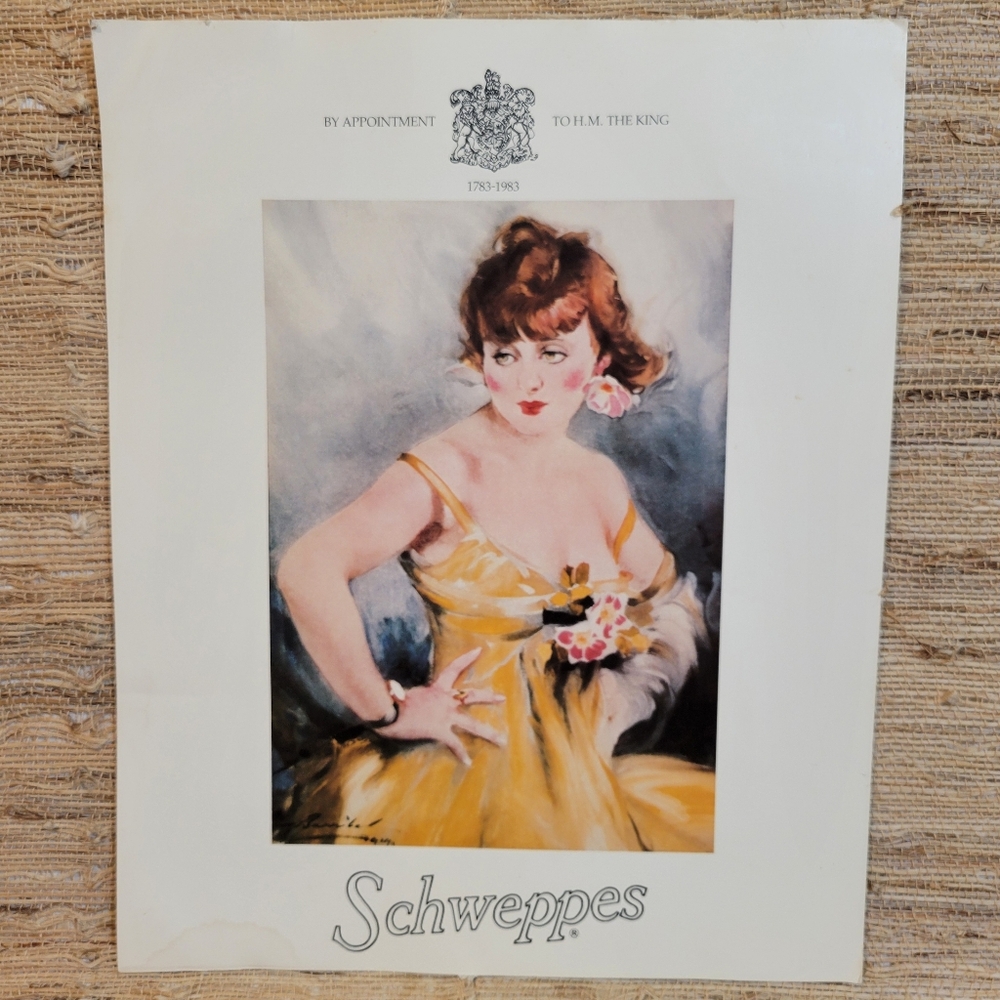 VTG Schweppes Woman in Yellow Gown Art Deco Reproduction Adv Poster Print
